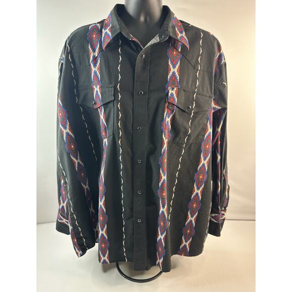 Vintage Wrangler Black Western Shirt Mens Aztec Brushpopper Pearl Snap 2XL - Picture 1 of 9